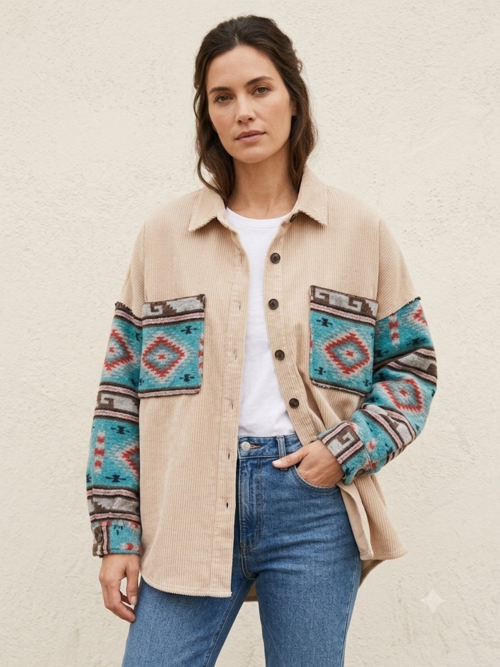 Beige Corduroy Shacket with Turquoise Aztec Sleeves